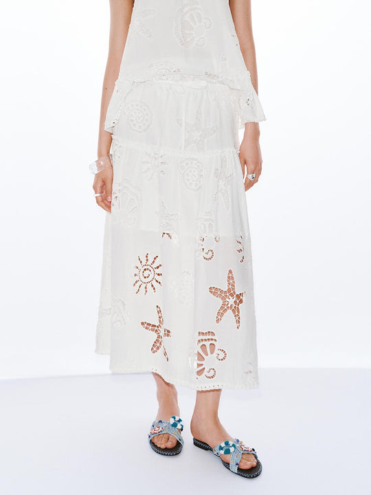 Guipure Lace Drawstring Pull On A-Line Midi Skirts