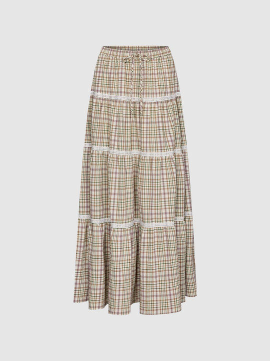 Plaid Tiered Lace Trim Skirt