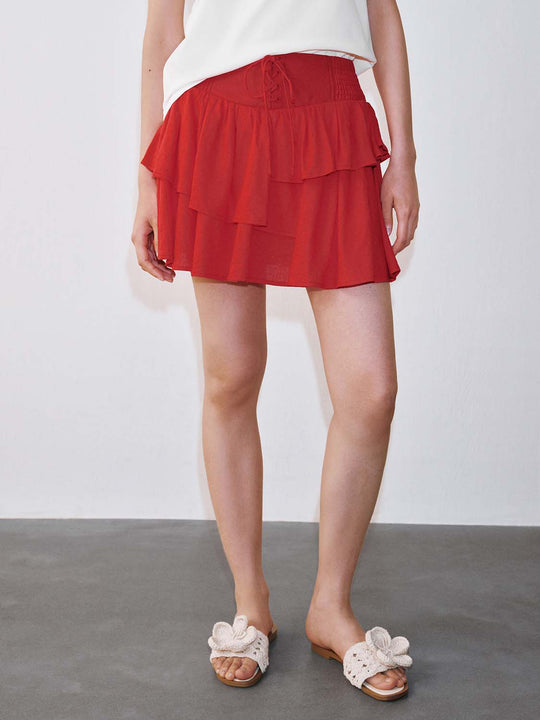 Lace-Up Asymmetric Ruffle A-Line Midi Skirts