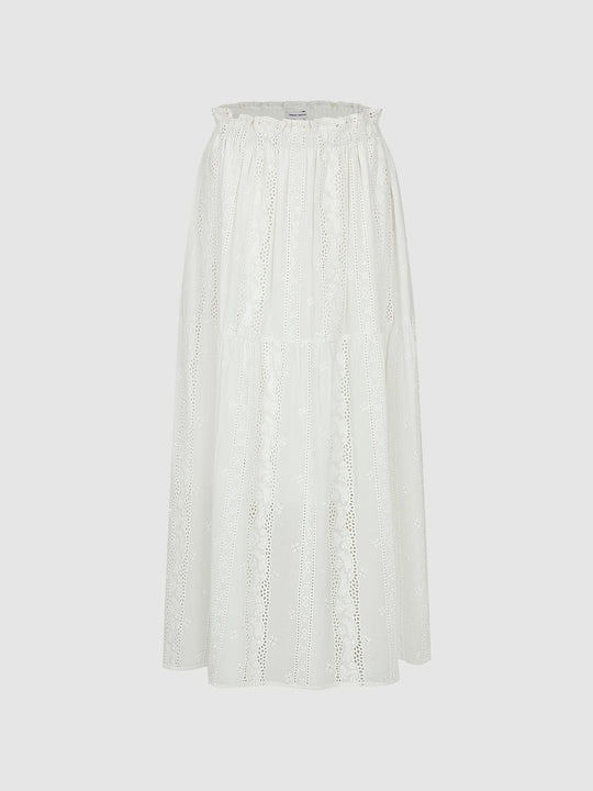 Guipure Laced Embroidered Ruffle Trim Pull On A-Line Midi Skirts