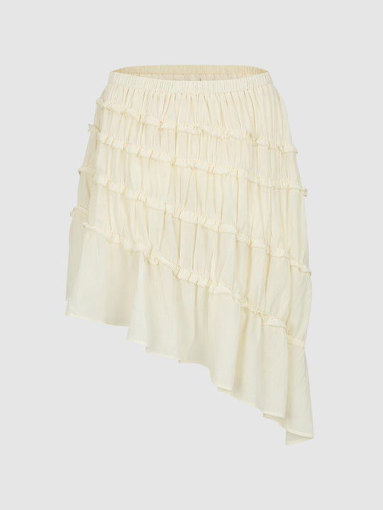 Ruffled Asymmetric Hem A-Line Ruched Waist Skirt