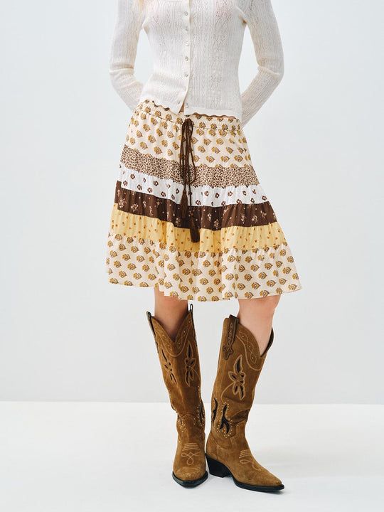 Tiered Patchwork Floral Leopard Print A-line Skirt
