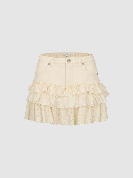 Cotton Eyelet Embroidered Two-Tiered Ruffle With Front Pockets A-Line Skirt