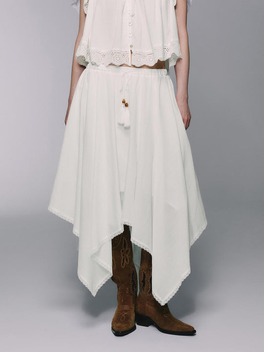 Cotton Lace-Trim Tassel Asymmetric Hem Skirt