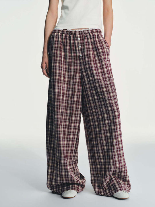 Button Detail Contrast Trim Check Wide Leg Pants