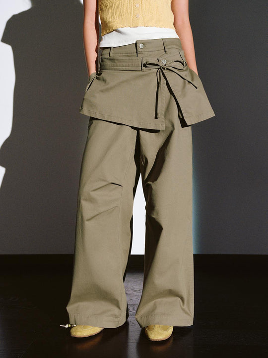 Wrap Waist Tie Overlay Wide Leg Cotton Blend Pants