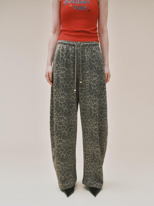 High-waisted Drawstring Leopard Print Cotton Wide-leg Pants