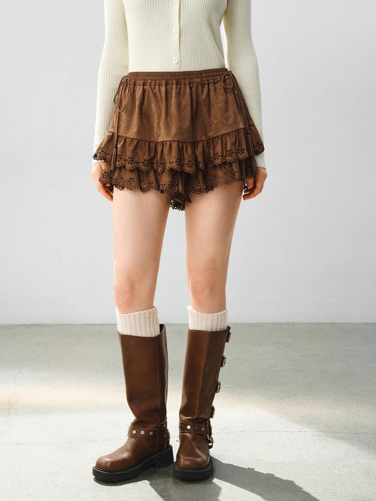 Layered Eyelet Ruffle Drawstring Waist Mini Skort