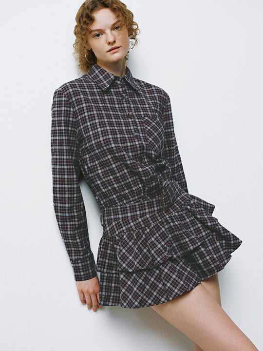 Shirt Collar Long Sleeve Tie Waist Ruffle Hem Plaid Dress