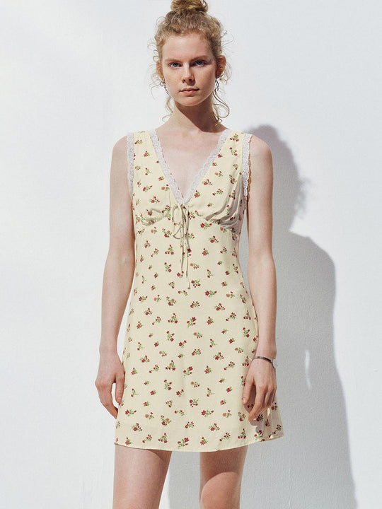V-Neck Sleeveless Floral Mini Dresses