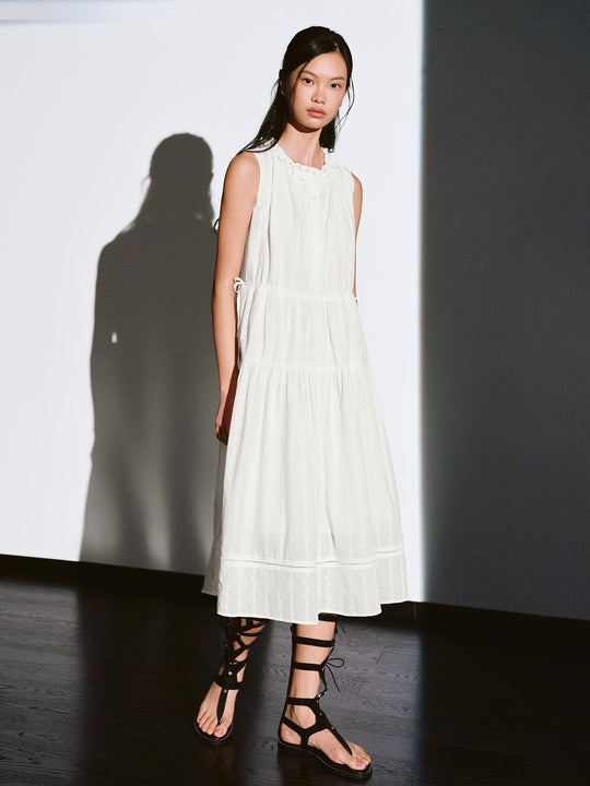 Frill Neck Sleeveless Tiered A-Line Midi Dresses