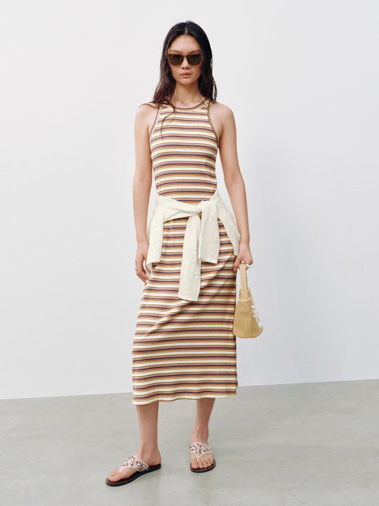 Contrast Striped Sleeveless A-Line Midi Dresses