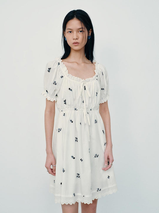 Shirring Detail Ruffle Trim A-Line Midi Dresses