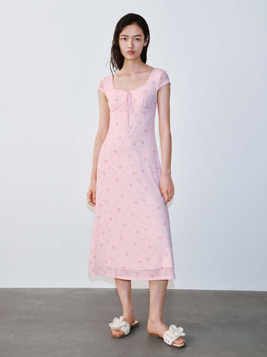 Scoop Neck Printed Short Sleeve Bow Detail A-Line Midi Dresses