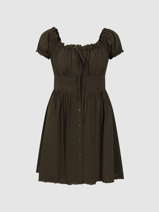 Olive Cotton Puff Sleeve Shirred Lace A-Line Midi Dresses
