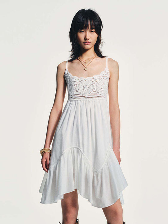Cotton Crochet Lace Bodice Flowy A-Line Midi Dresses