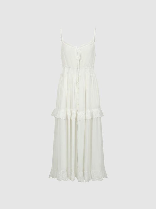 Lace Trim Strappy A-Line Midi Dresses