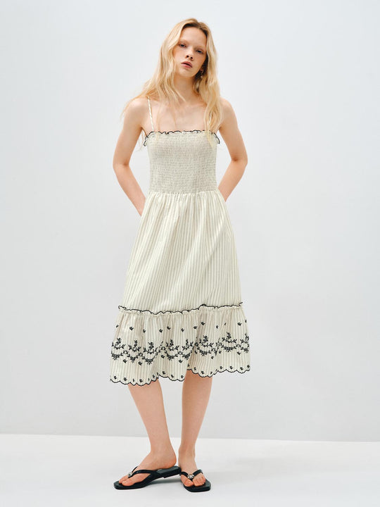 Cotton Smocked Bodice With Floral Embroidered Hem Dress