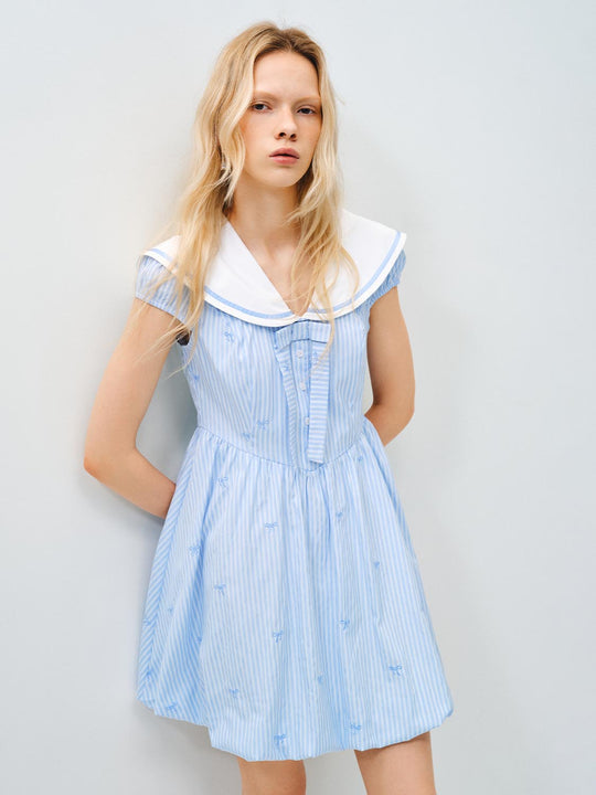 Cotton Sailor Collar Vertical Stripe Dress