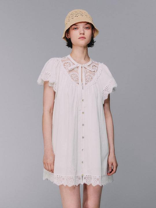 Lace V Neck Tie Flutter Sleeve Scalloped Hem Mini Dress