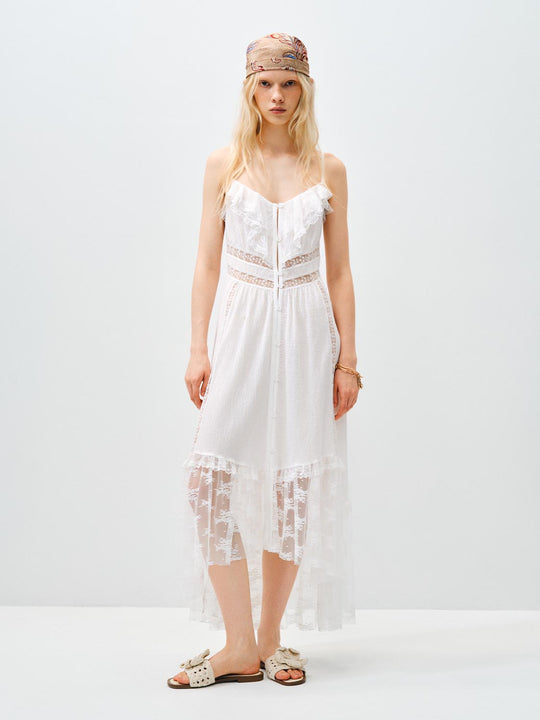 A-line Lace Trim Cotton Dress With Sheer Hem