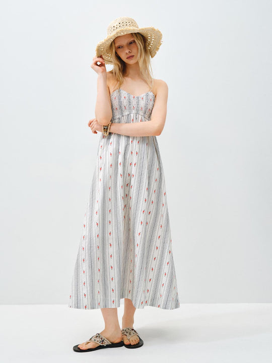 100% Cotton Striped Embroidered Shirred Bodice With Vertical Stripes And Floral Motifs Midi Dress