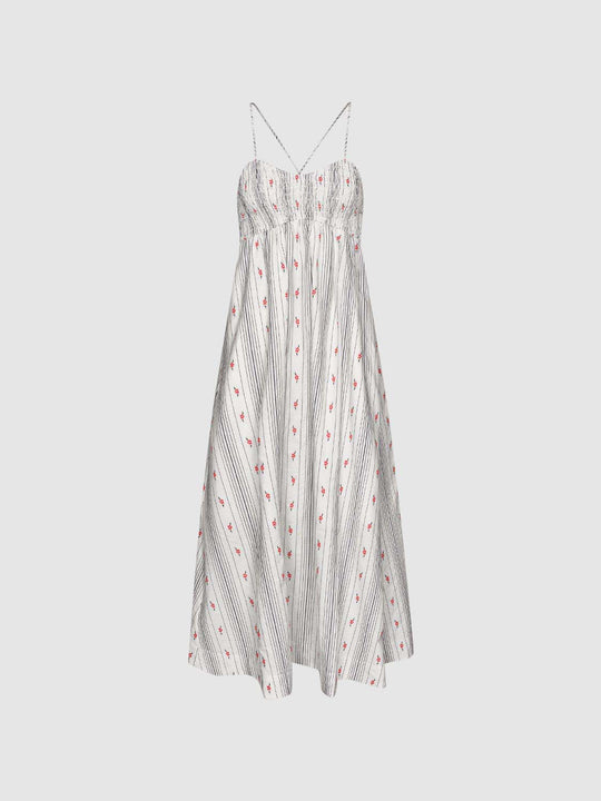 100% Cotton Striped Embroidered Shirred Bodice With Vertical Stripes And Floral Motifs Midi Dress