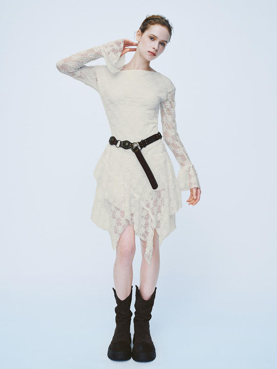 Textured Asymmetric Hem A-Line Long Sleeve Mini Dress