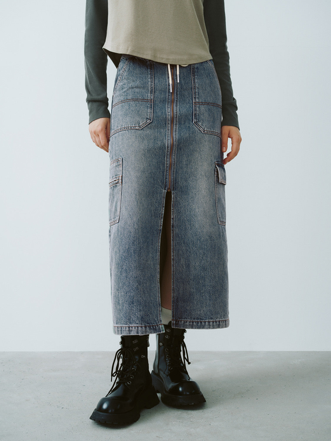 Drawstring Waist Midi Denim Skirt