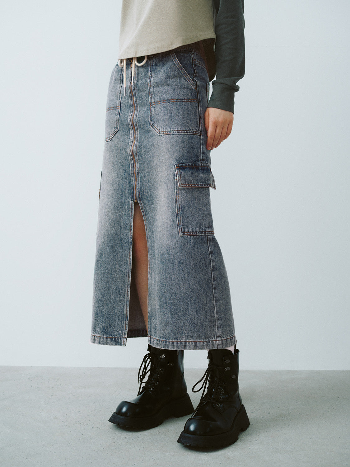 Drawstring Waist Midi Denim Skirt