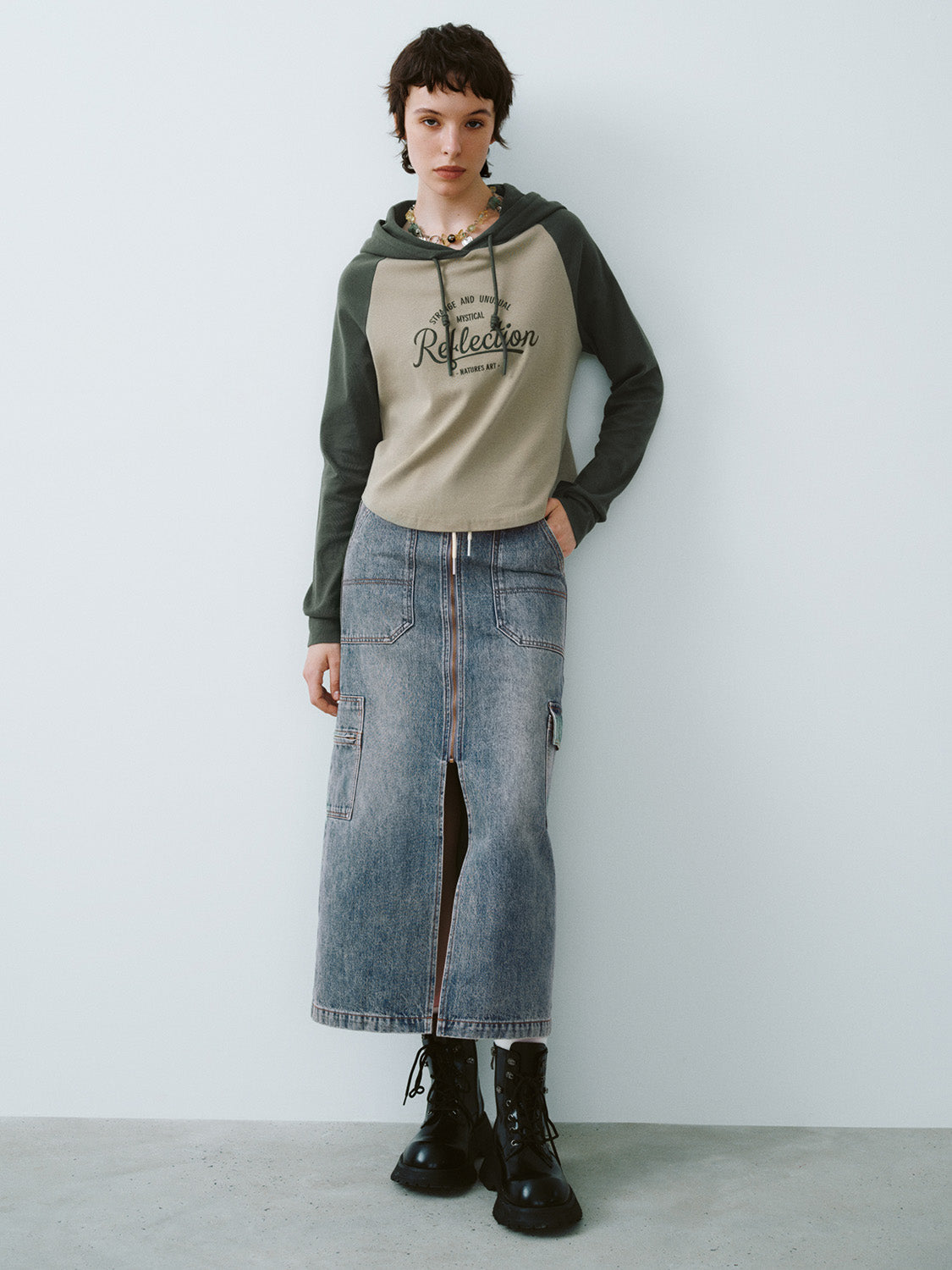 Drawstring Waist Midi Denim Skirt