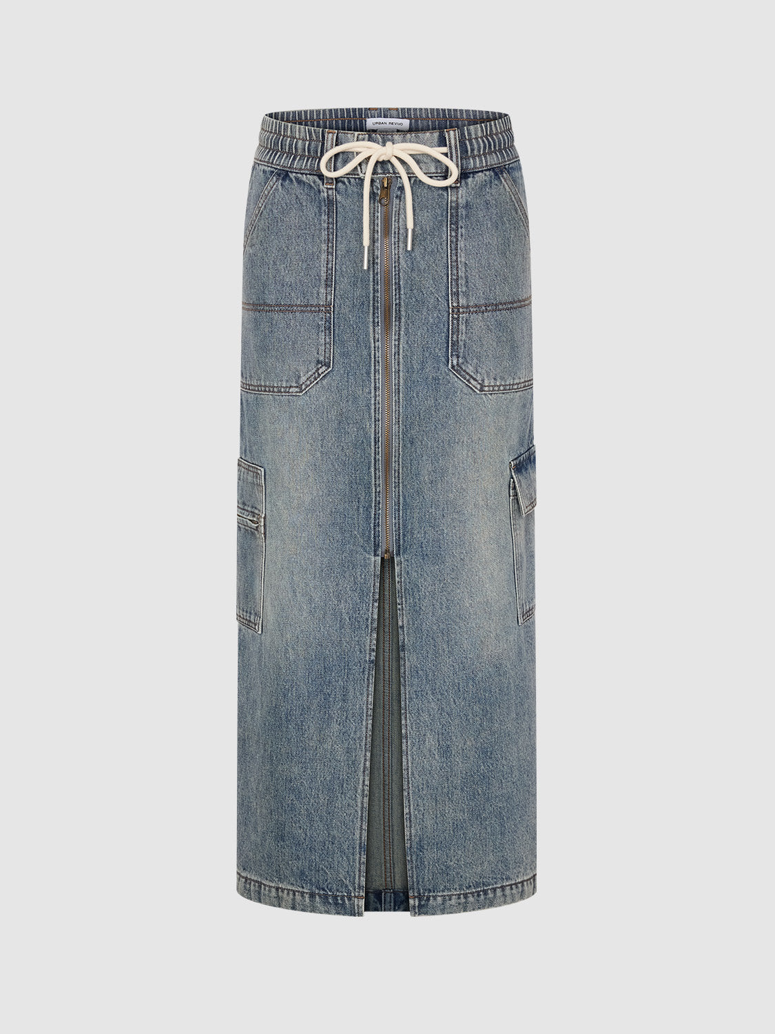 Drawstring Waist Midi Denim Skirt