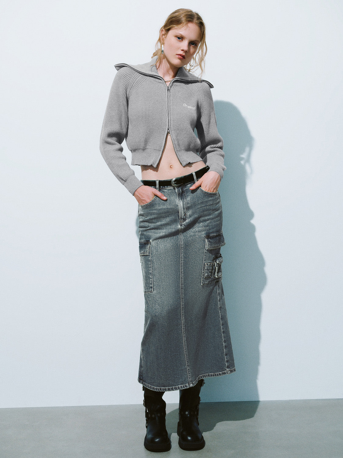 Midi Fishtail Denim Skirt