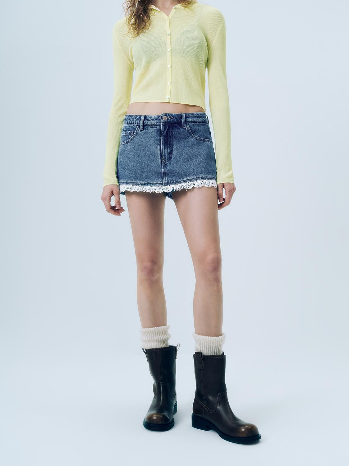 Lace Hem Denim Shorts