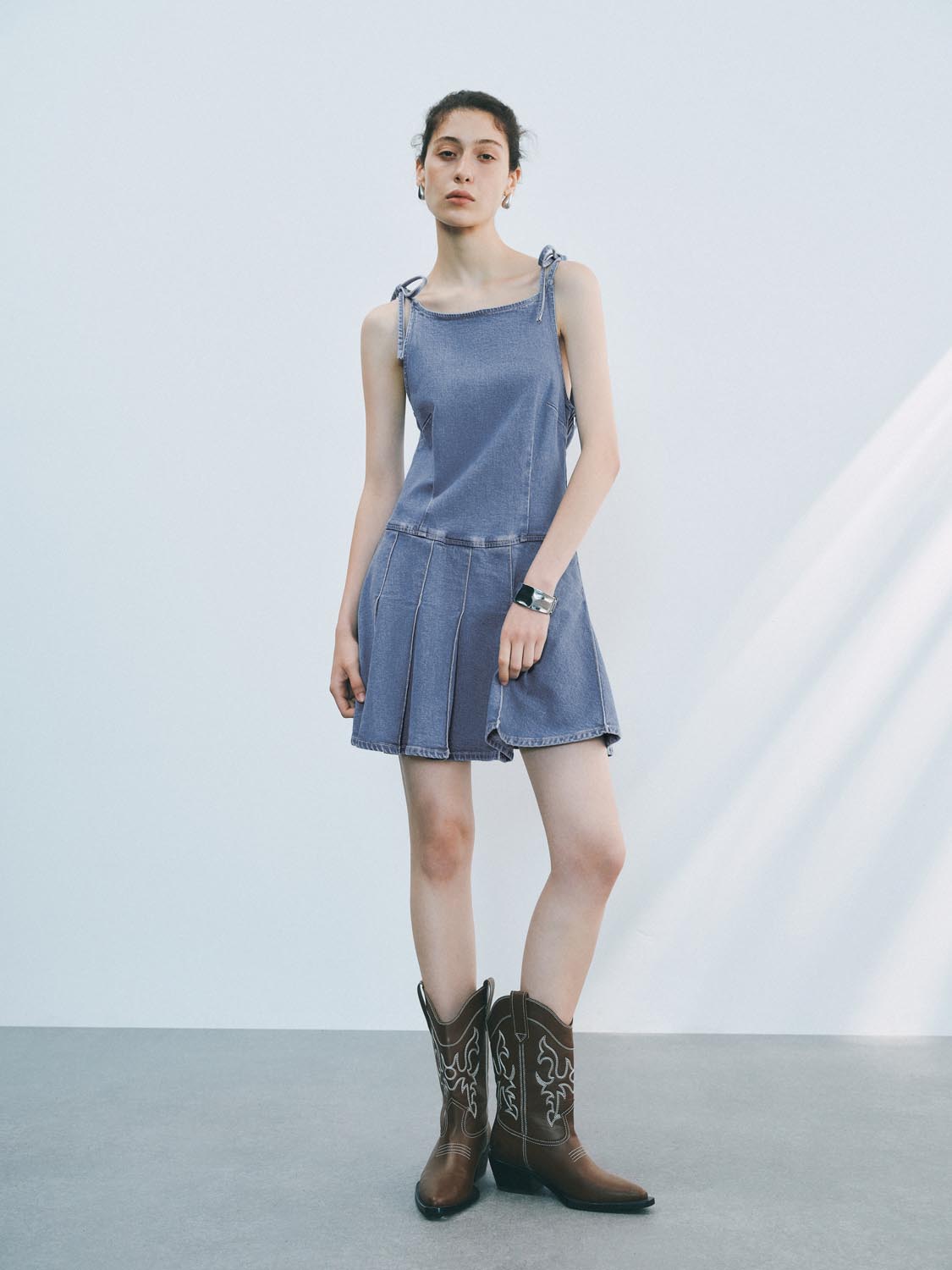 Tie Up Front Denim Mini Dresses