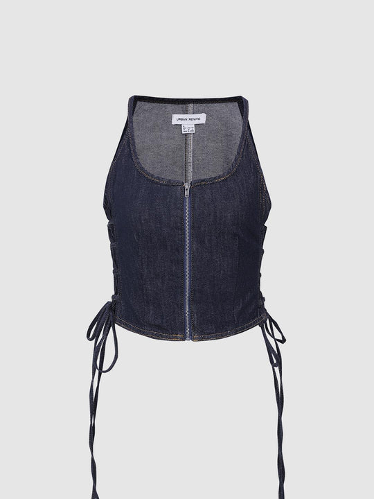 Full Zip Drawstring Denim Top