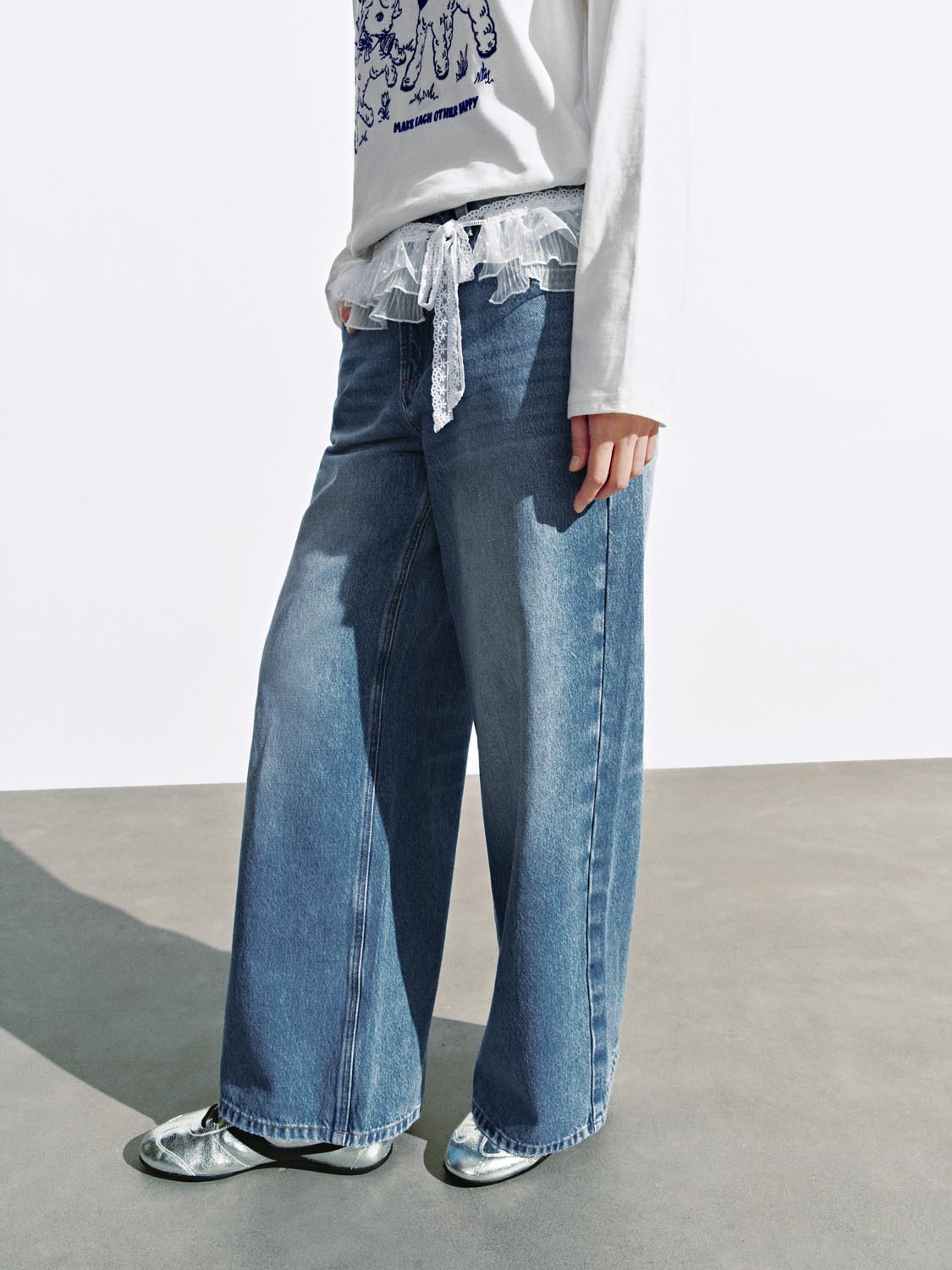 Lace Trim Wide Leg Jeans