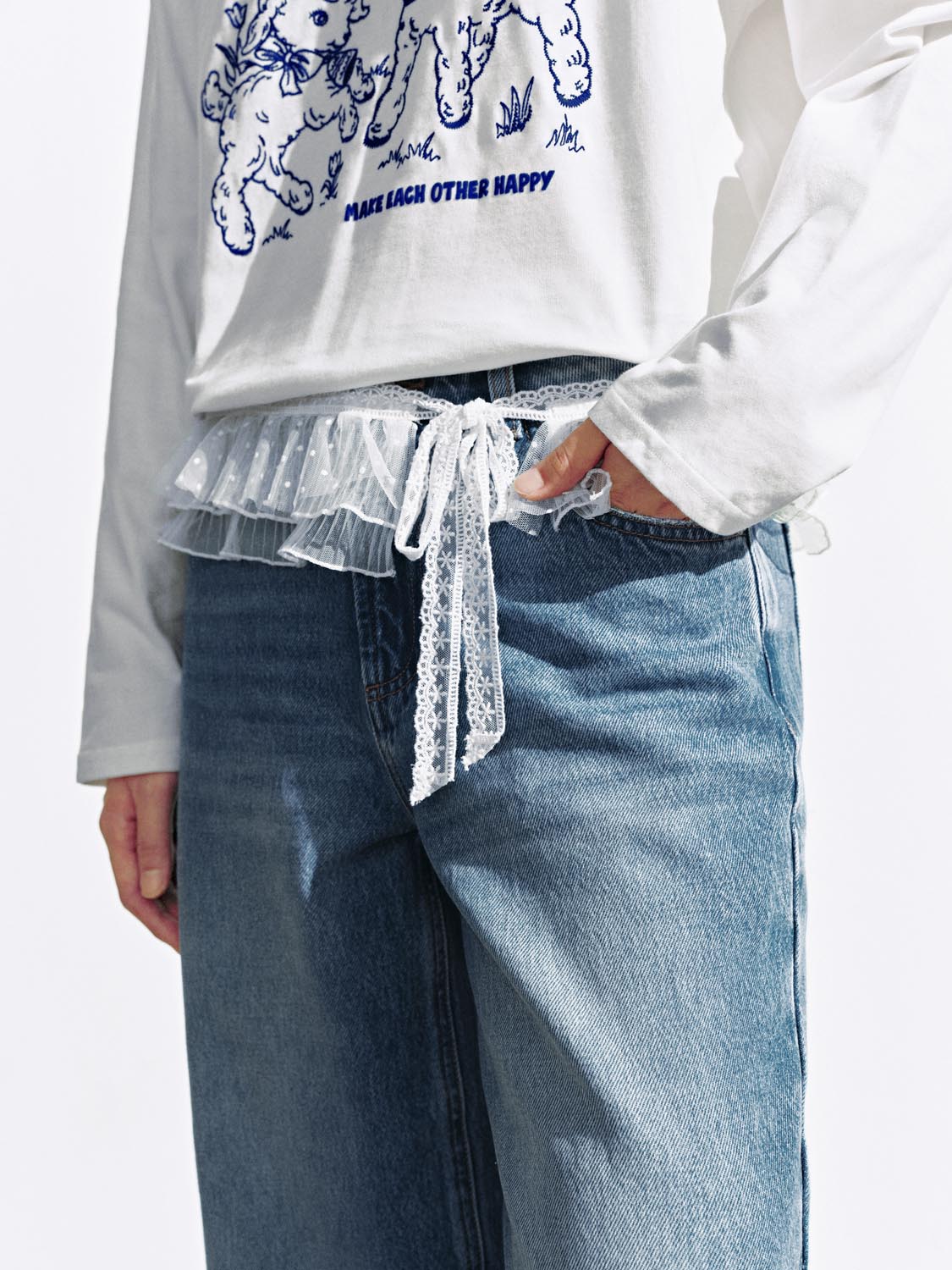 Lace Trim Wide Leg Jeans