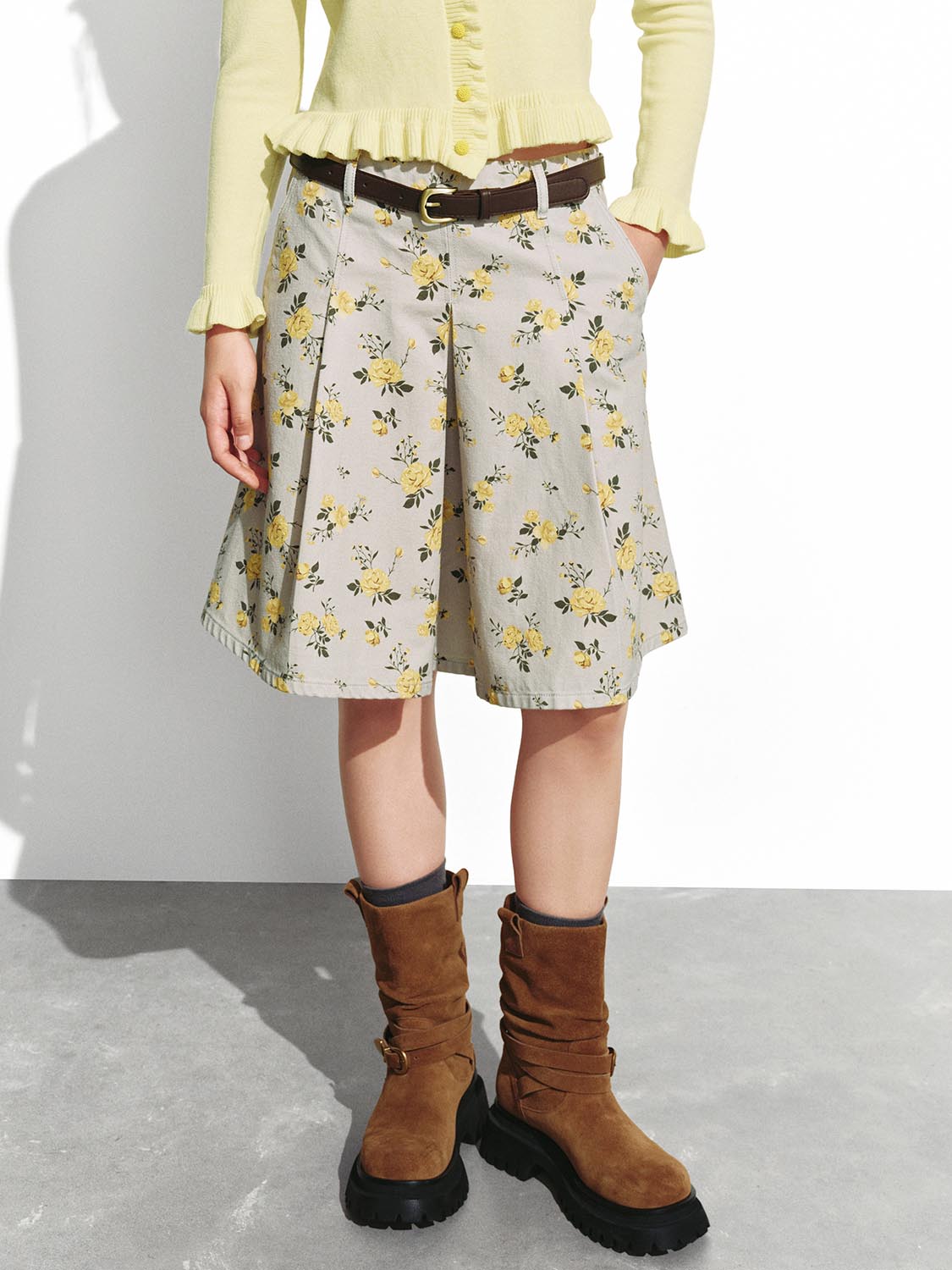 Belted Floral Print Denim Midi Skirts