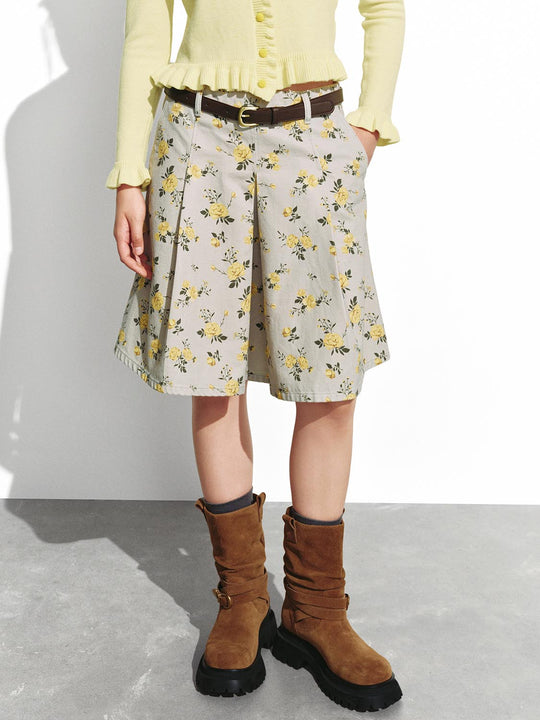 Belted Floral Print Denim Midi Skirts
