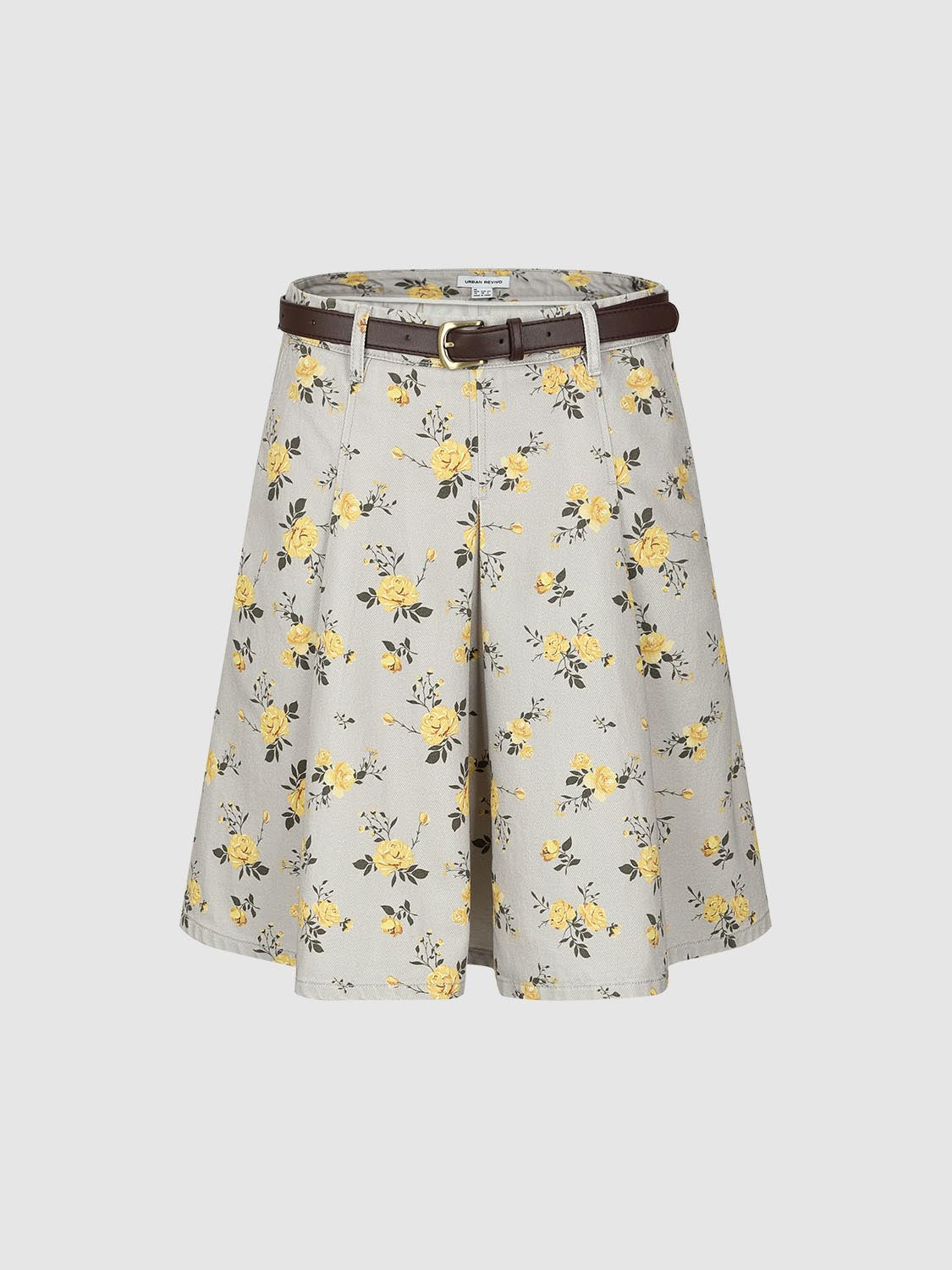 Belted Floral Print Denim Midi Skirts