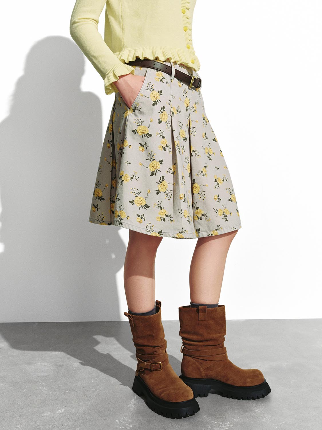 Belted Floral Print Denim Midi Skirts