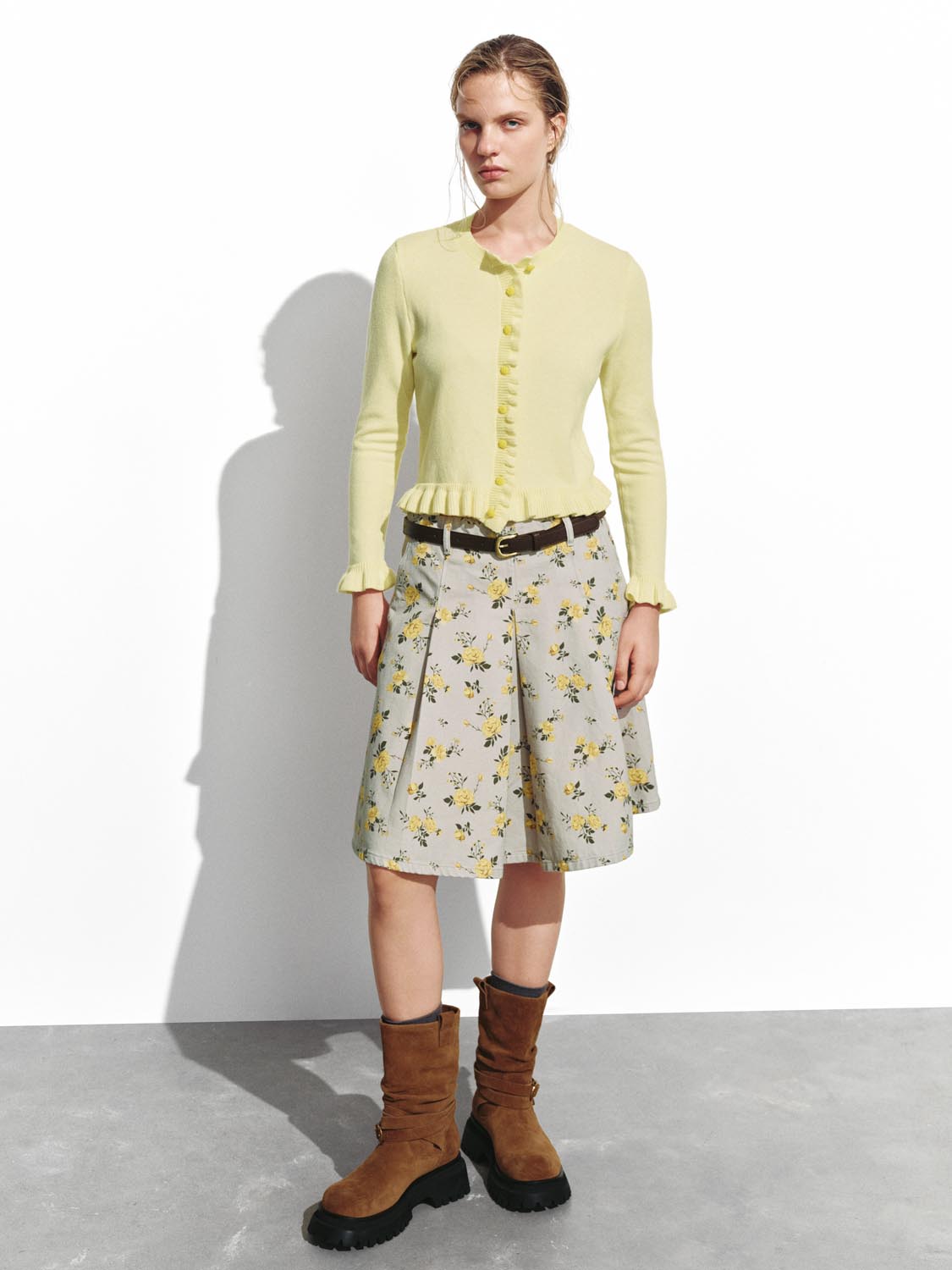 Belted Floral Print Denim Midi Skirts