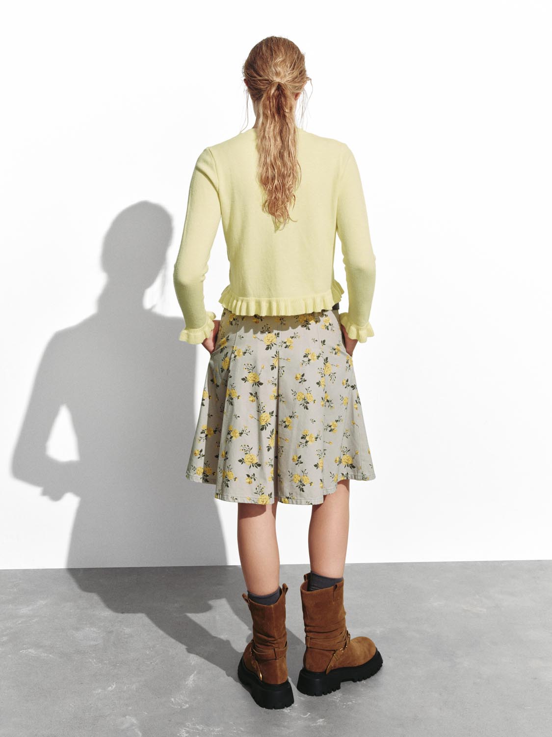 Belted Floral Print Denim Midi Skirts