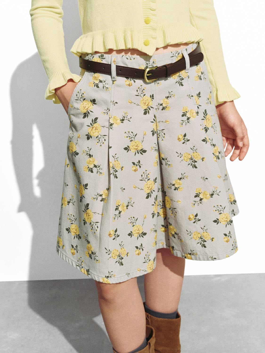Belted Floral Print Denim Midi Skirts