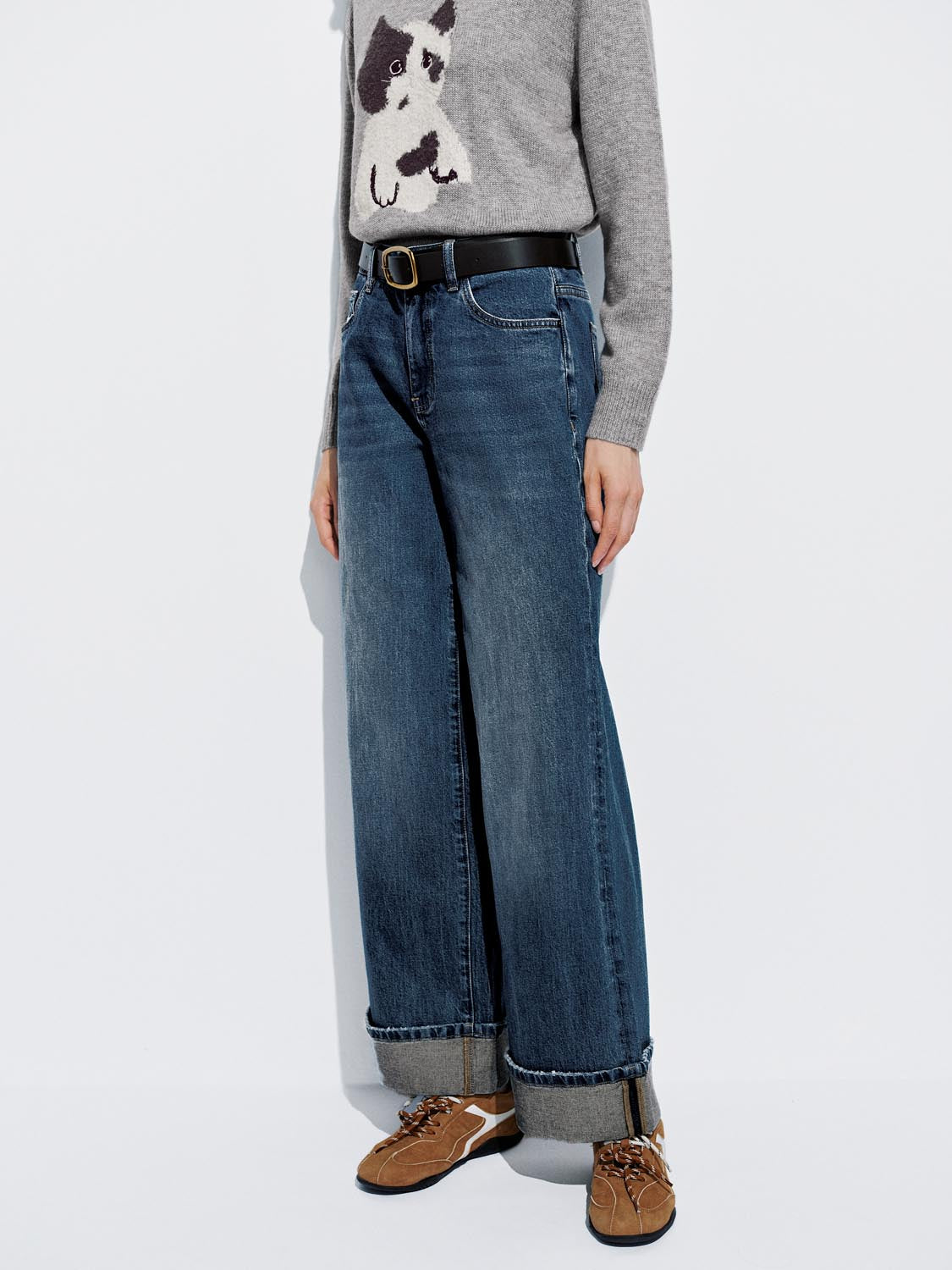 Belted Cuffed Wide Leg Jeans