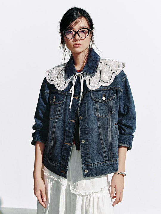 Lace Collar Button Up Denim Jackets