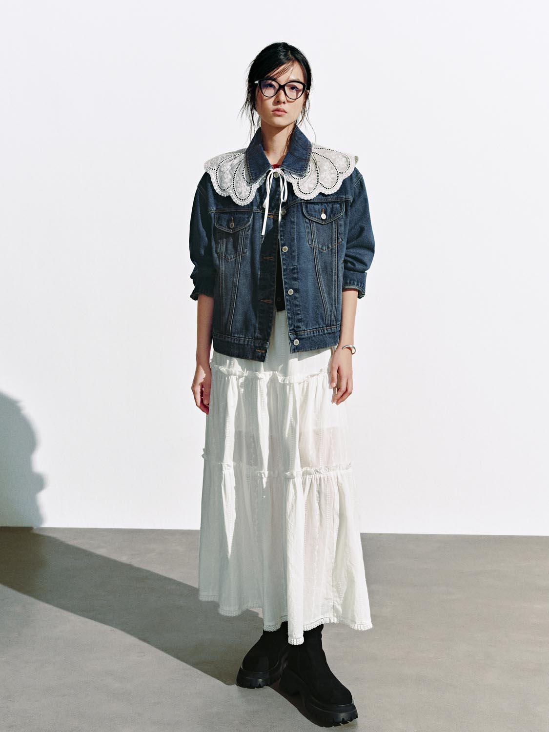 Lace Collar Button Up Denim Jackets