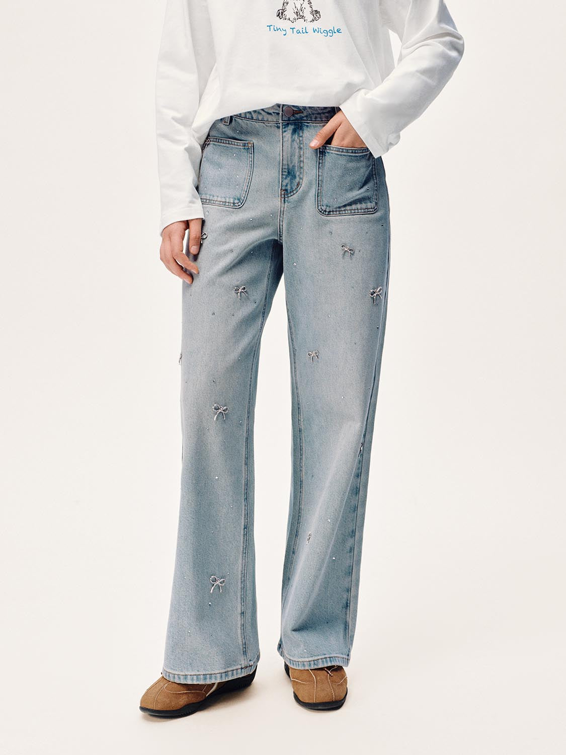 Bow Detail Wide Leg Jeans
