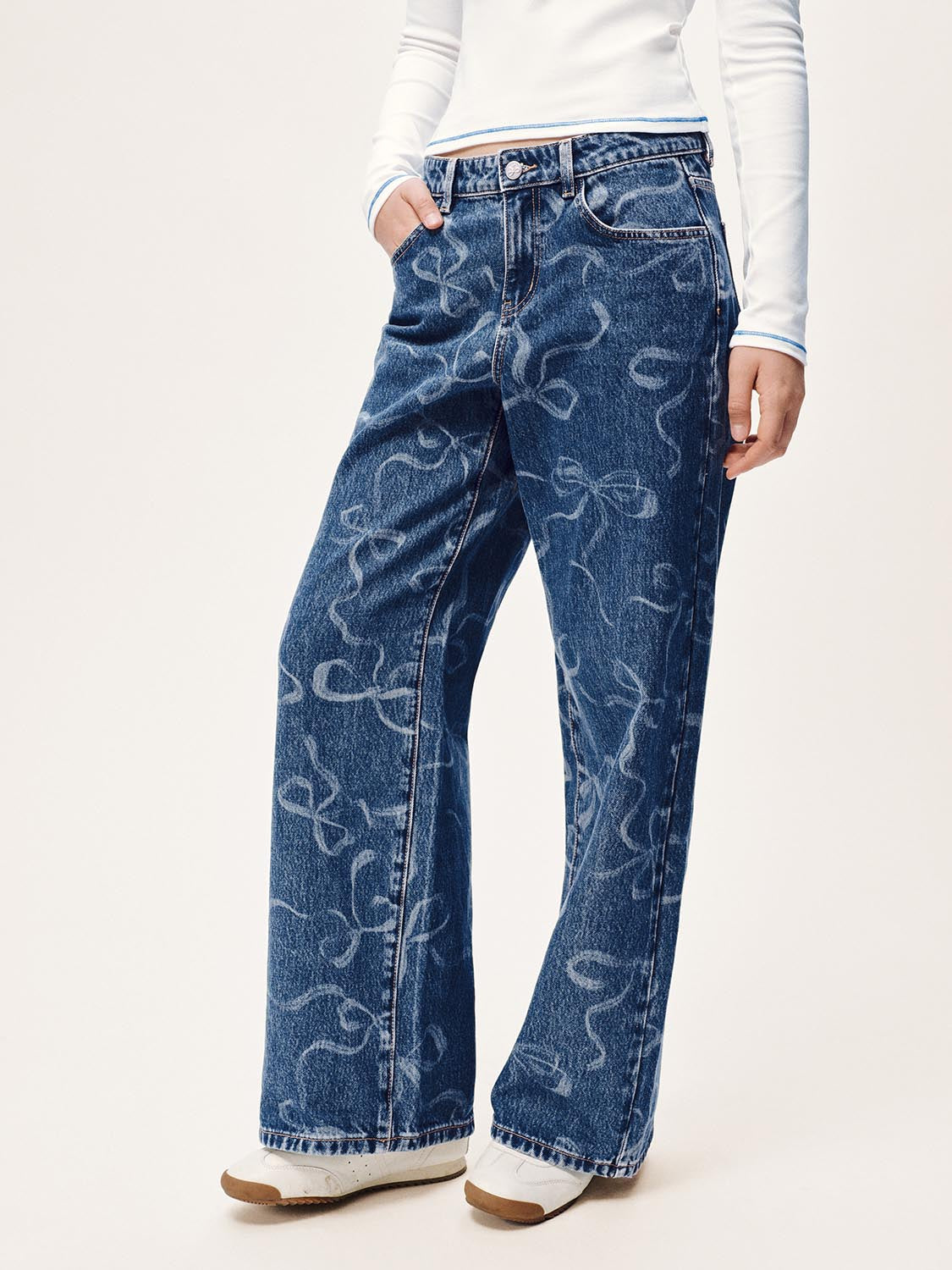 Bow Printed Wide Leg Jeans